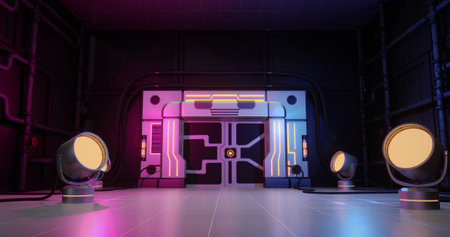 Image of neon gaming features with gates and spot lights on black background. image game, movement...