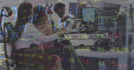 Image of statistics with diverse colleagues working together in an office. Digital interface and...