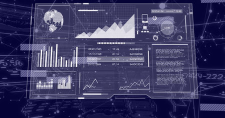 Image of data processing on black background. Global business, computing and digital interface...