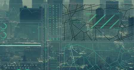 Image of data processing over cityscape. Global business, computing and digital interface concept...