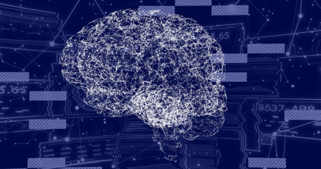 Image of digital brain and data processing over black background. Global business, computing and...