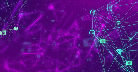 Image of network of connections with icons over purple background. Global connections, technology...