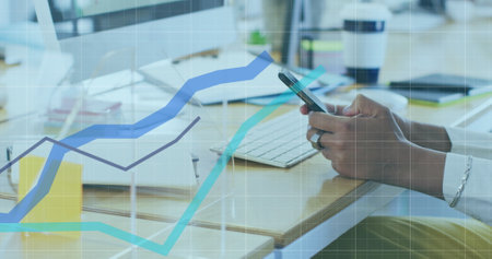 Image of digital interface showing statistics with woman using smartphone in an office. Digital...