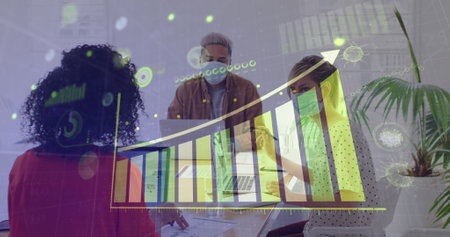 Image of statistics with colleagues working in office wearing face masks. Healthcare and protection...