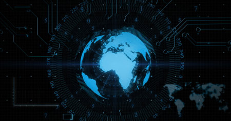 Image of scope scanning and data processing with globe on black background. Global business, computing and digital interface concept digitally generated image.の写真素材