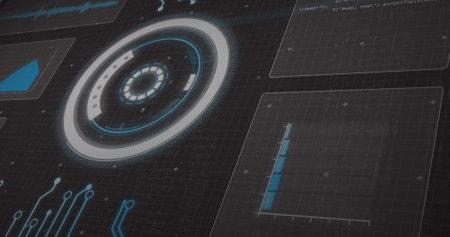 Image of scope scanning, statistics recording and data processing over screens. digital interface,...