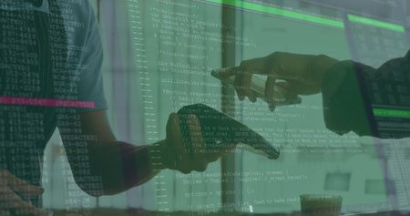 Image of data processing on computer screen, person making contactless payment with smartphone....