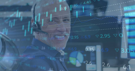 Image of digital interface showing statistics with man working in an office. Digital interface and...