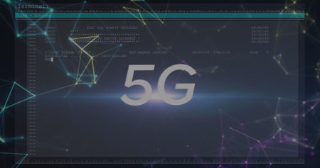 Image of 5g text and data processing with networks of connections on computer screen. digital...