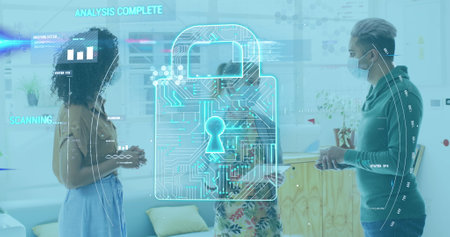 Image of digital interface showing padlock and statistics with colleagues in office wearing face masks. Healthcare and protection during coronavirus covid 19 pandemic, digitally generated imageの写真素材