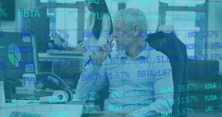 Image of digital interface showing statistics with diverse colleagues working together in an office....