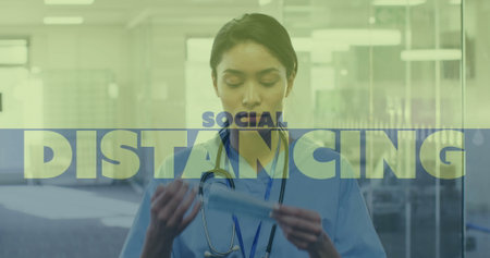 Image of words social distancing with scientist wearing face masks. Healthcare and protection during...