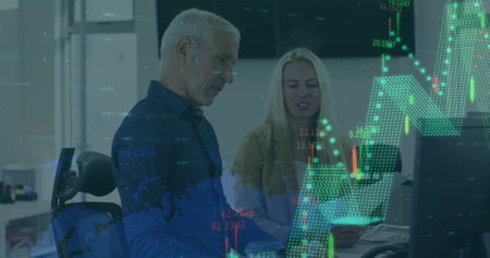 Image of digital interface showing statistics with diverse colleagues working together in an office....
