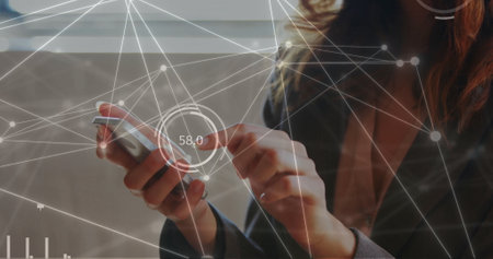 Image of network of connections over caucasian businesswoman using smartphone. Global business,...