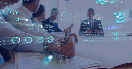 Image of data processing over diverse business people in office. Global finance, business,...