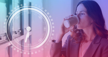 Image of clock over caucasian businesswoman in office. Global finance, business, connections,...