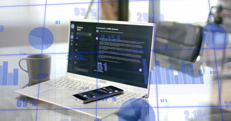 Image of statistics and data processing over computer on desk in office. Global finance, business,...