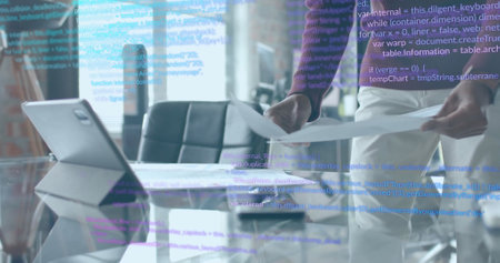 Image of data processing over african american businessman in office. Global finance, business,...