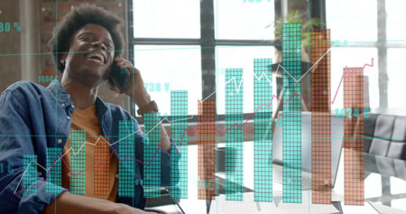 Image of data processing over african american businessman in office. Global finance, business,...