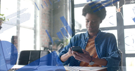 Image of data processing over african american businessman in office. Global finance, business,...