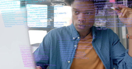 Image of data processing over african american businessman in office. Global finance, business,...