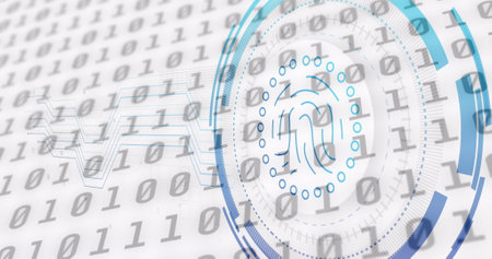 Image of fingerprint icon over data processing on white background. Social media and digital...