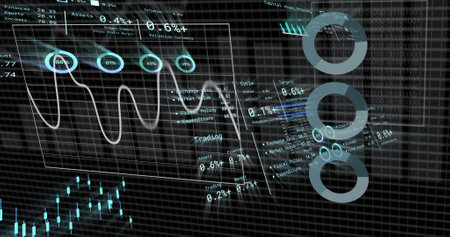 Image of financial data processing over dark background. Global business, finances, computing and...
