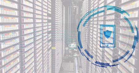 Image of smartphone icon over data processing and server room. Social media and digital interface...