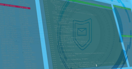Image of shield icon over data processing on blue background. Social media and digital interface...