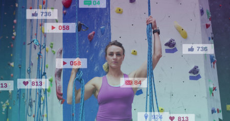 Image of media icons over caucasian woman on climbing wall. health and fitness concept digitally...