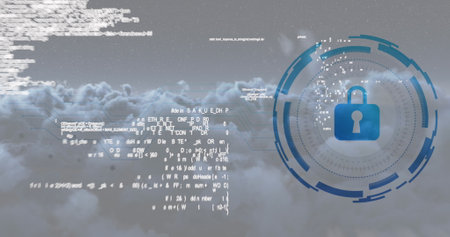 Image of padlock over data processing and clouds on black background. Social media and digital...