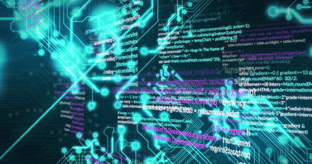 Image of data processing on black background. Social media and digital interface concept digitally...