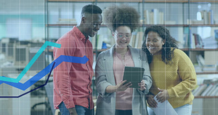 Image of financial data processing over diverse business people in office. Global finance, business,...