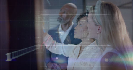 Image of financial data processing over diverse business people in office. Global finance, business,...