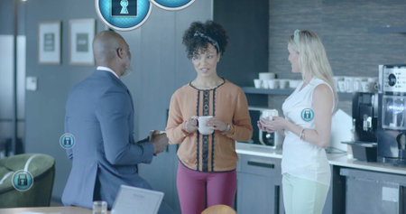 Image of padlock icons processing over diverse business people in office. Global finance, business,...