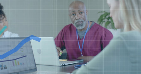 Image of financial data processing over diverse doctors in office. Global medicine, business,...