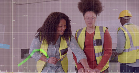 Image of data processing over diverse engineers in hi vis vests. Global business, connections,...
