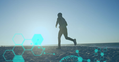 Image of data processing over african american man running at beach. health and fitness concept...