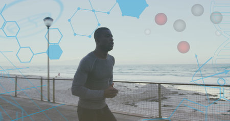 Medical data processing against african american fit man running on the promenade. sports fitness...
