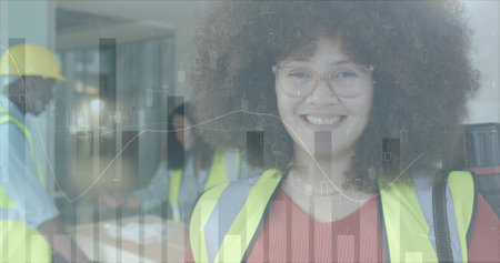 Image of data processing over diverse engineers in hi vis vests. Global business, connections,...