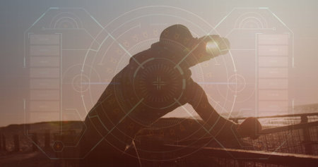 Round scanner against african american fit man drinking water on the promenade. sports, fitness and technology conceptの写真素材