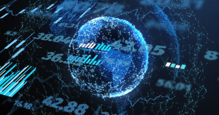 Image of financial data processing over globe with connections. Global networks, business, finances,...
