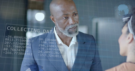 Image of financial data processing over diverse business people in office. Global finance, business,...