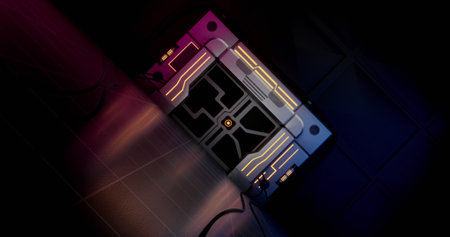 Cables on floor of dark futuristic industrial corridor with high tech electronic security door....