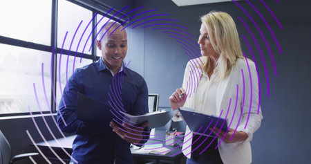 Image of data processing over diverse business people working in office. Global business, finances,...