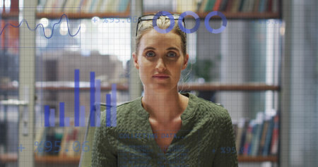 Image of data processing over caucasian businesswoman working in office. Global business, finances,...