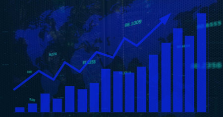 Image of data processing and statistics over world map. Global business, finance, computing and data...