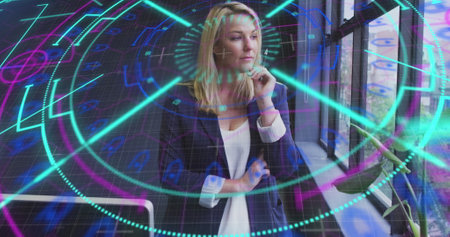 Image of data processing over caucasian businesswoman in office. Global business, finances,...