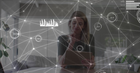 Image of network of connections with data over caucasian businesswoman with tablet. Global networks,...