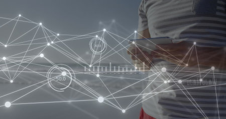 Image of network of connections over caucasian woman using tablet. Global networks, business,...